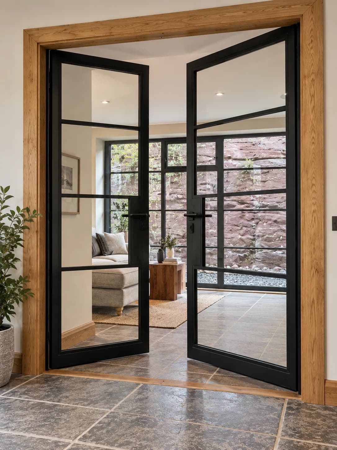 Black Accoya steel-look double doors in an oak surround, opening into a living room with a glazed wall facing a sandstone rock face