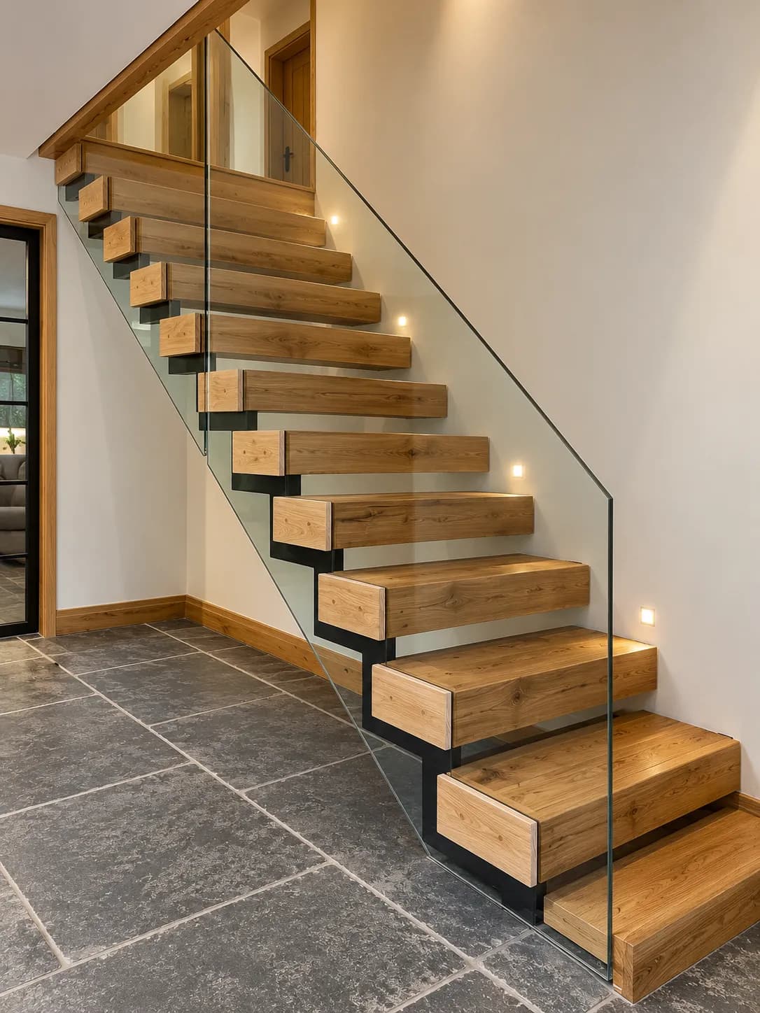 Floating oak staircase with a frameless glass balustrade rising from a stone-flagged hall