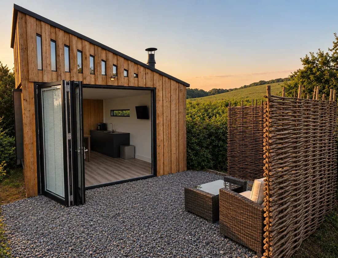 Larch-clad guest studio at dusk, full-width black Accoya bifold doors folded open onto a gravel terrace with farmland beyond