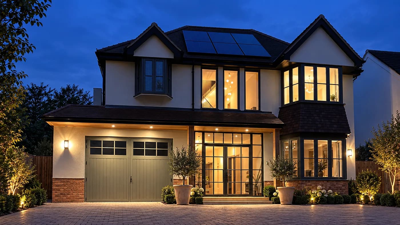 Renovated house in Harborne at dusk, a wide steel-look glazed screen lit from within beside a pair of painted timber garage doors