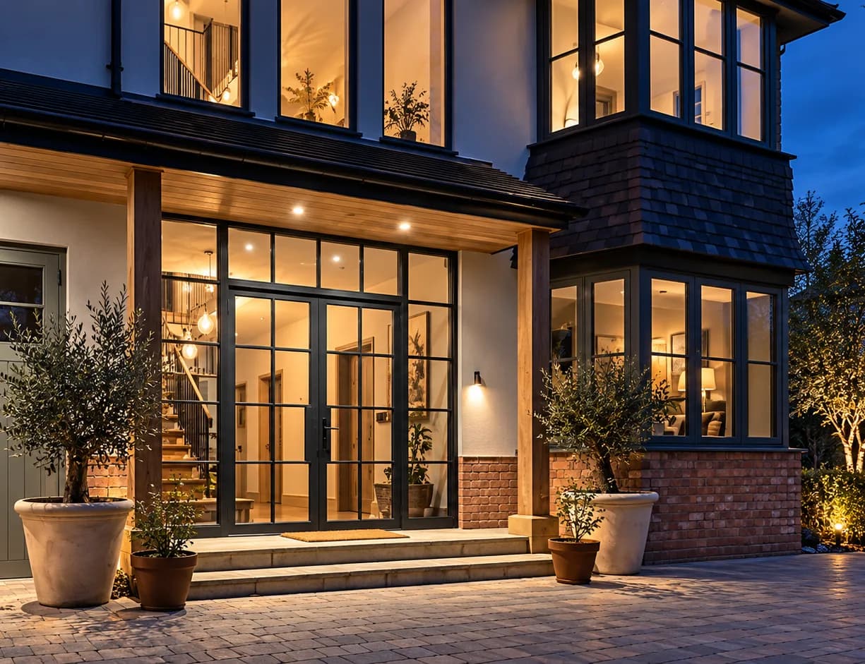 Entrance to the house at dusk, Crittall-style Accoya French doors with glazed side panels and a glazed head beneath a timber canopy