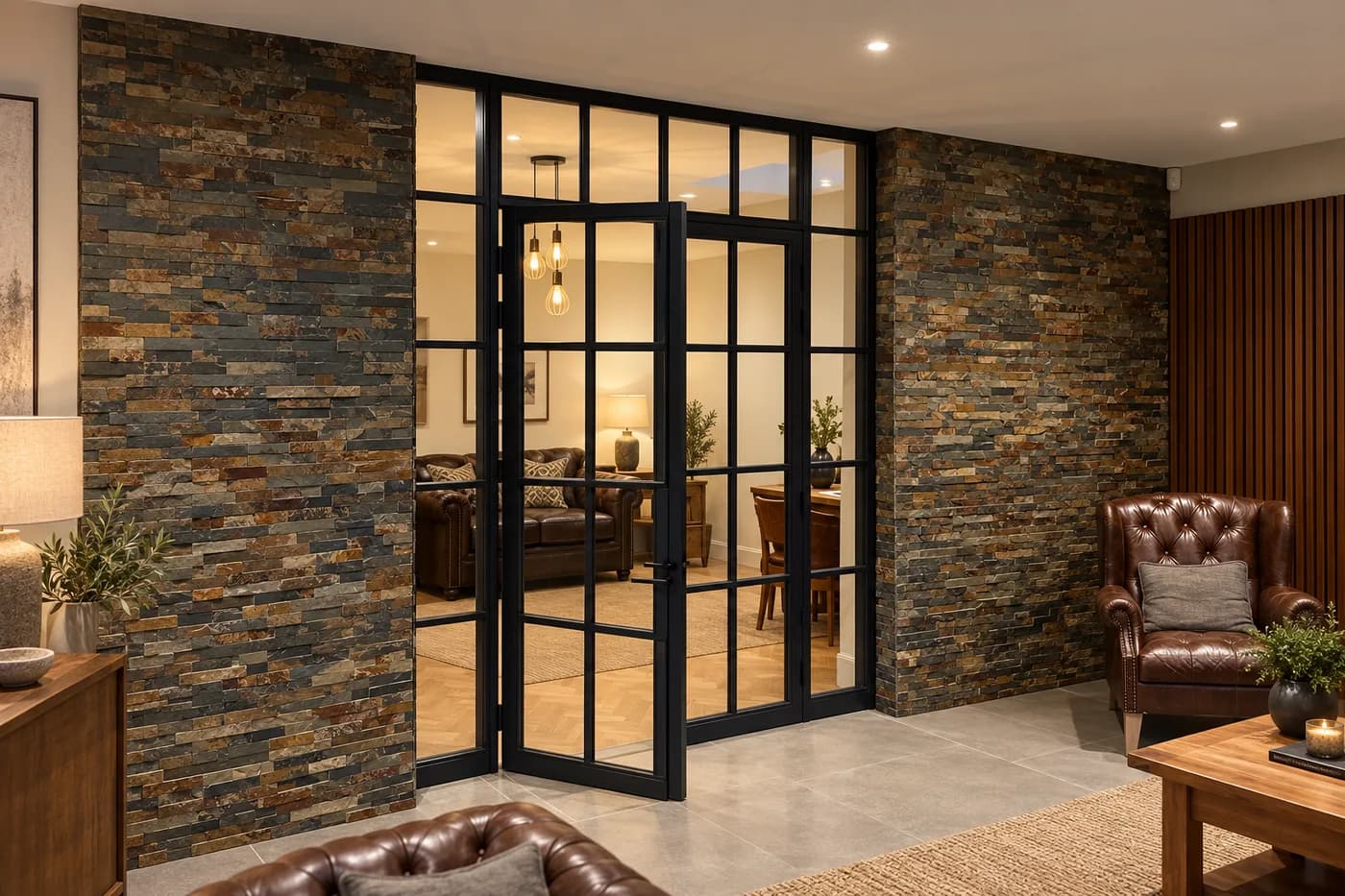 Full-height steel-look glazed screen and door standing open between a stone-faced wall and a lit living room