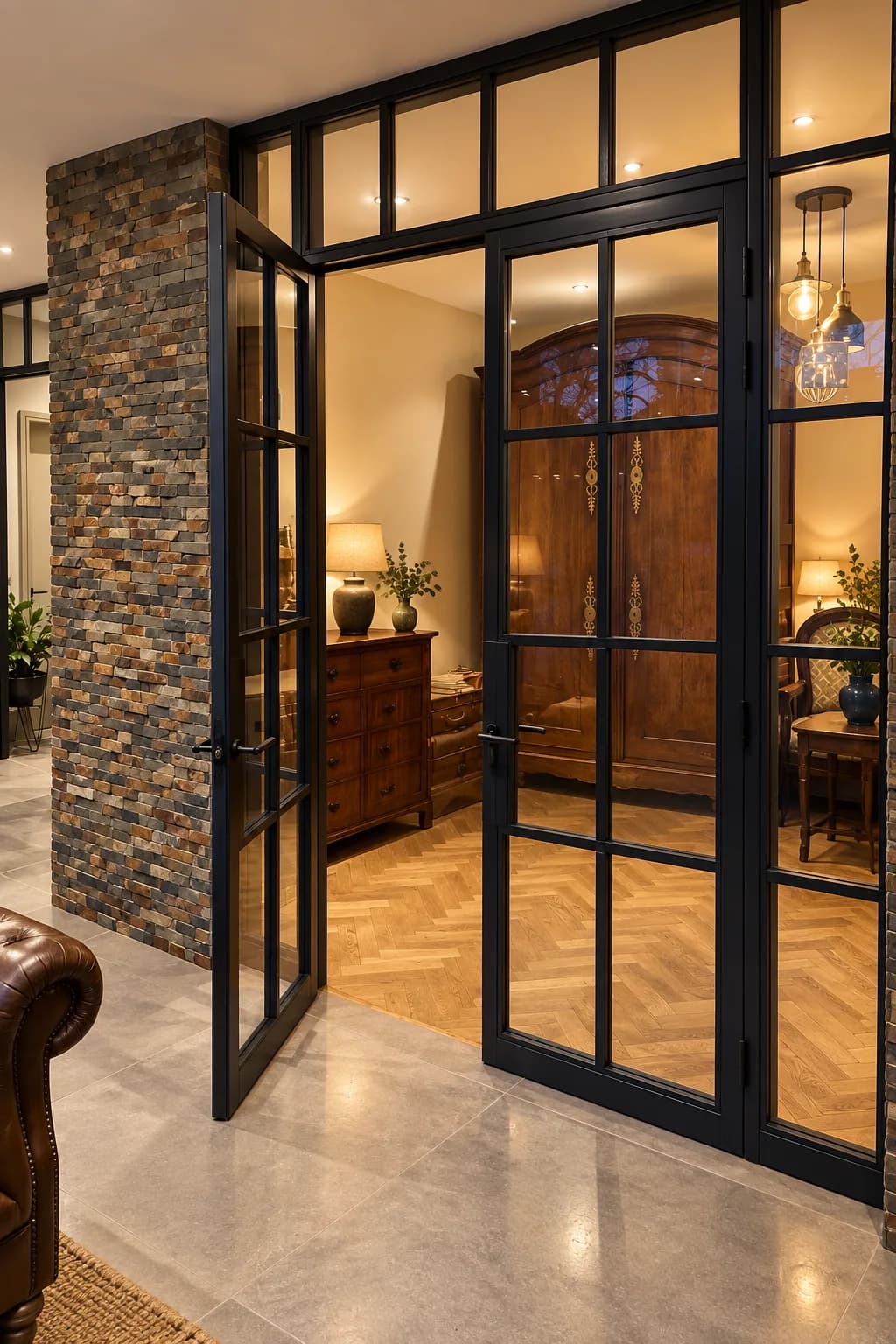 Internal steel-look screen open to a hall, an arched timber door and staircase visible beyond