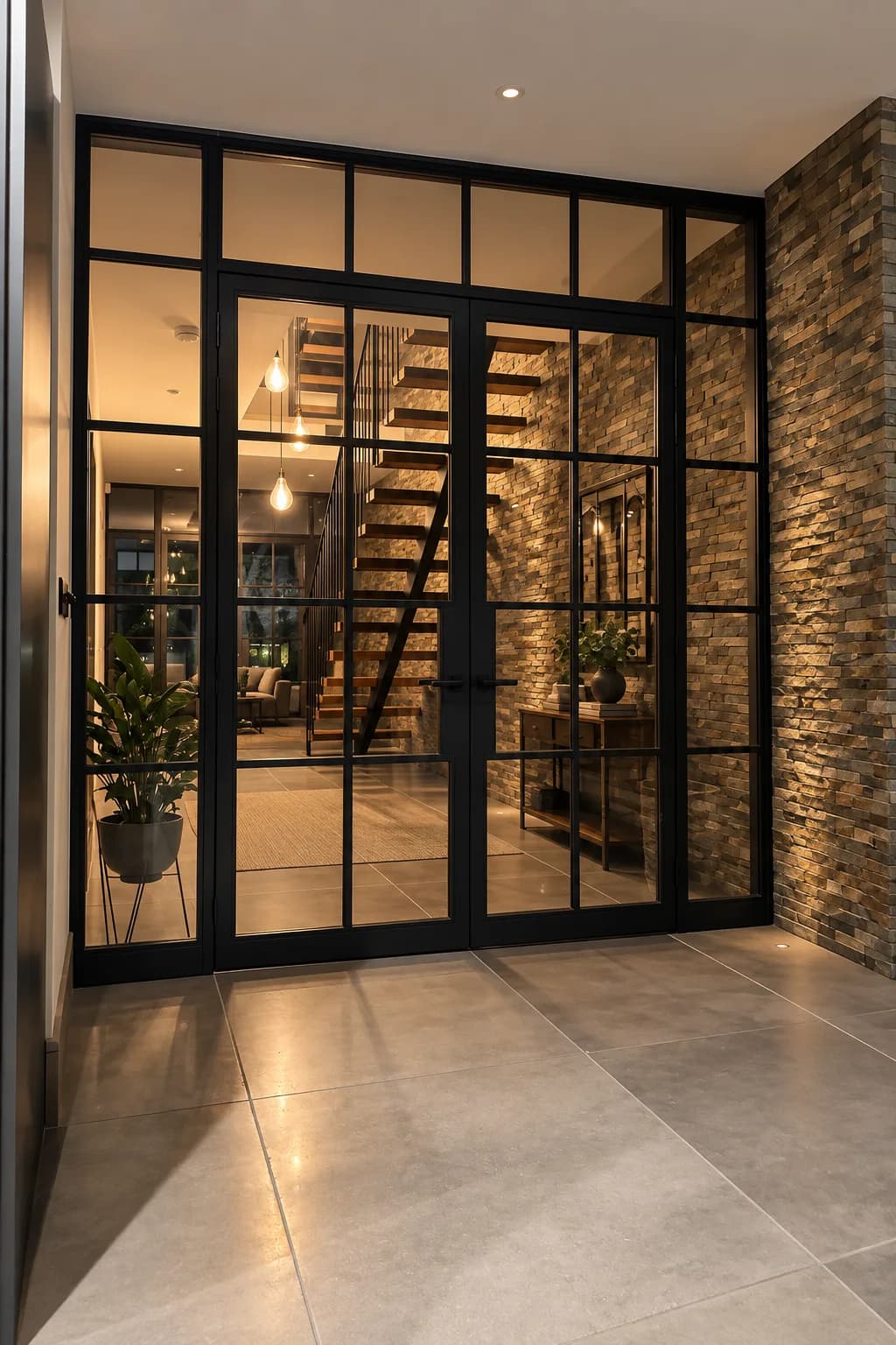 Internal steel-look screen across a hallway, the open-tread staircase and pendant lighting beyond it