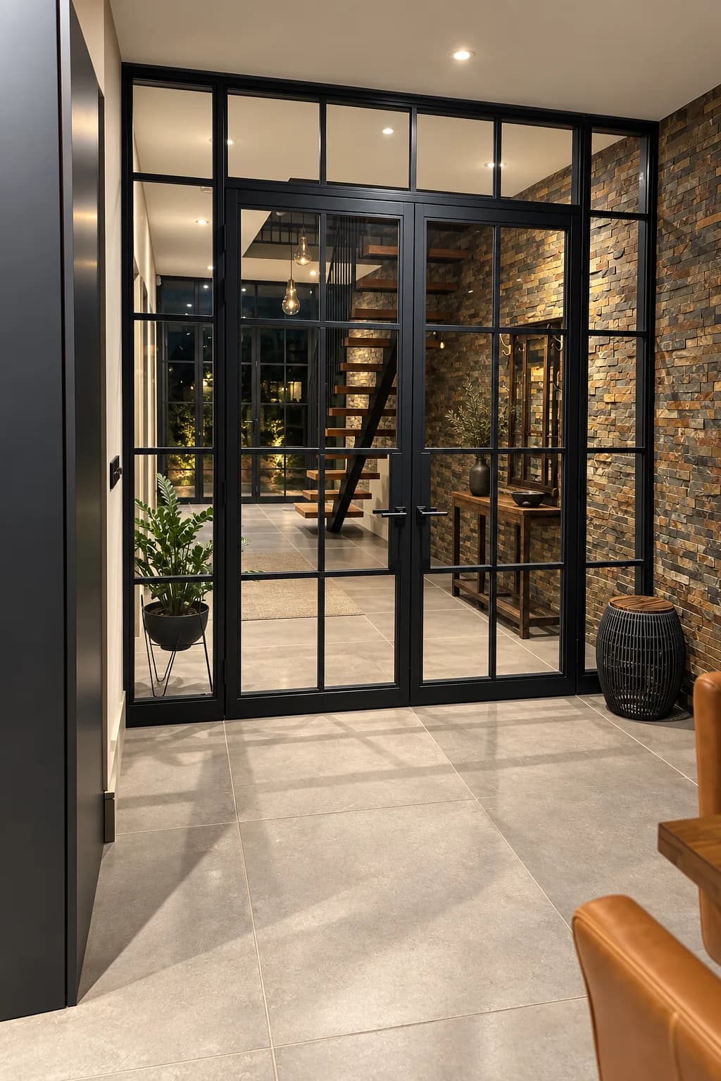 Internal steel-look screen from the snug side, its slim sections set against a stone-faced wall