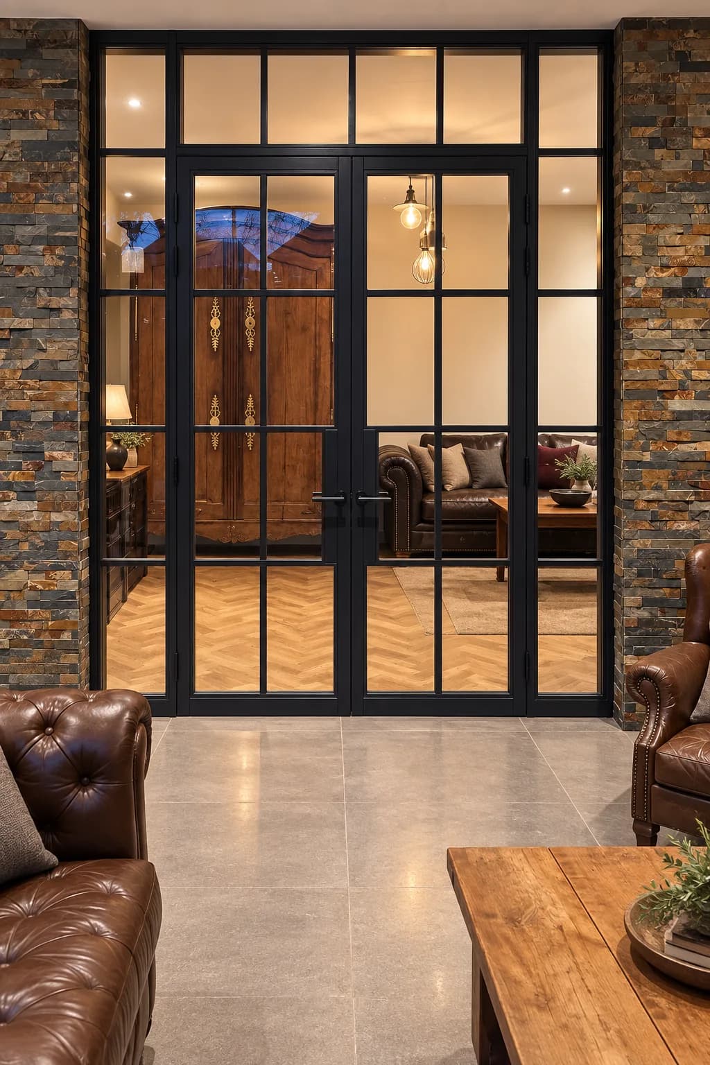 Steel-look screen across a living space with herringbone flooring and leather armchairs, the hall lit beyond it
