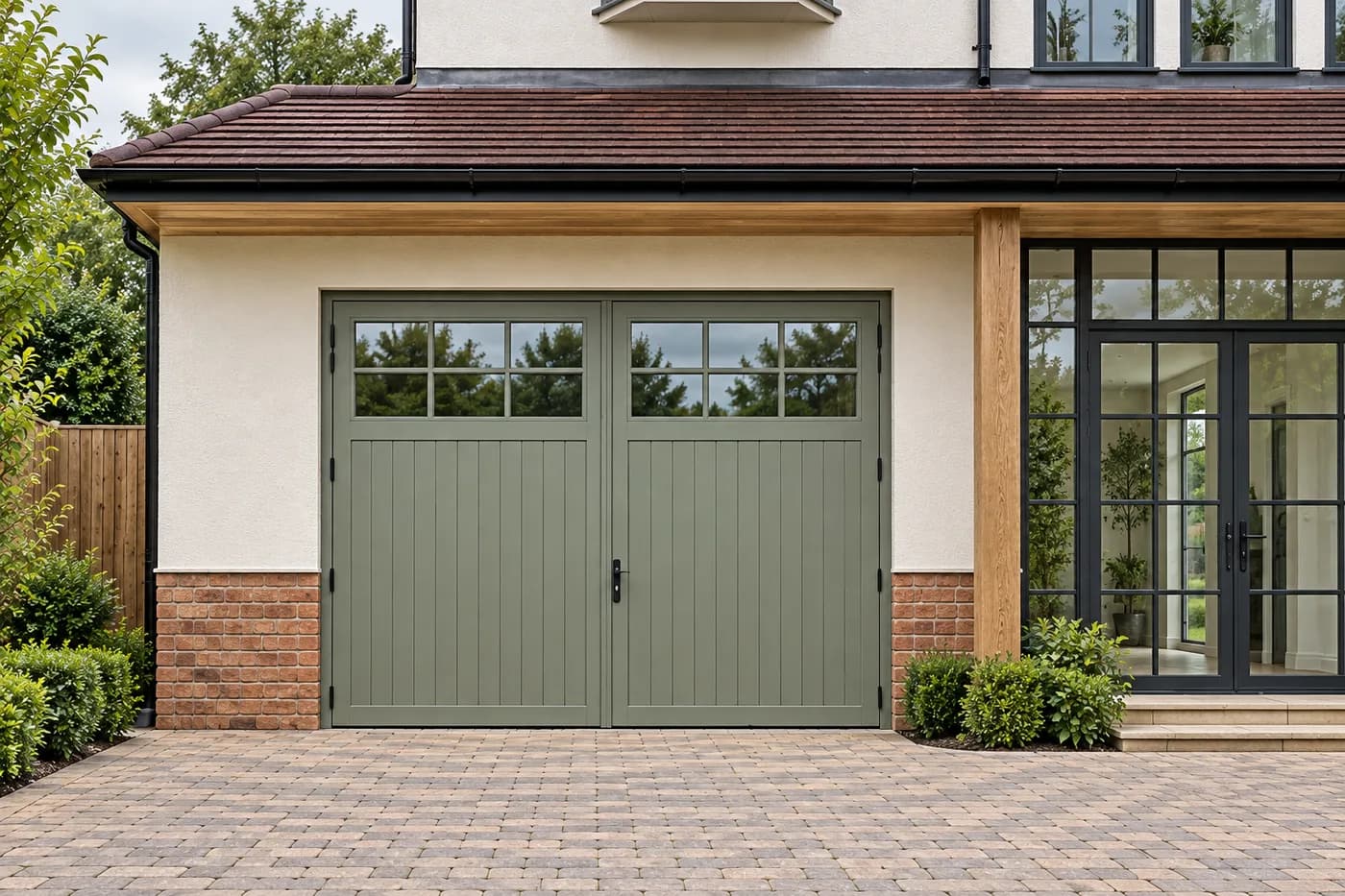Pair of side-hung timber garage doors painted soft green with glazed top panels, on a block-paved drive