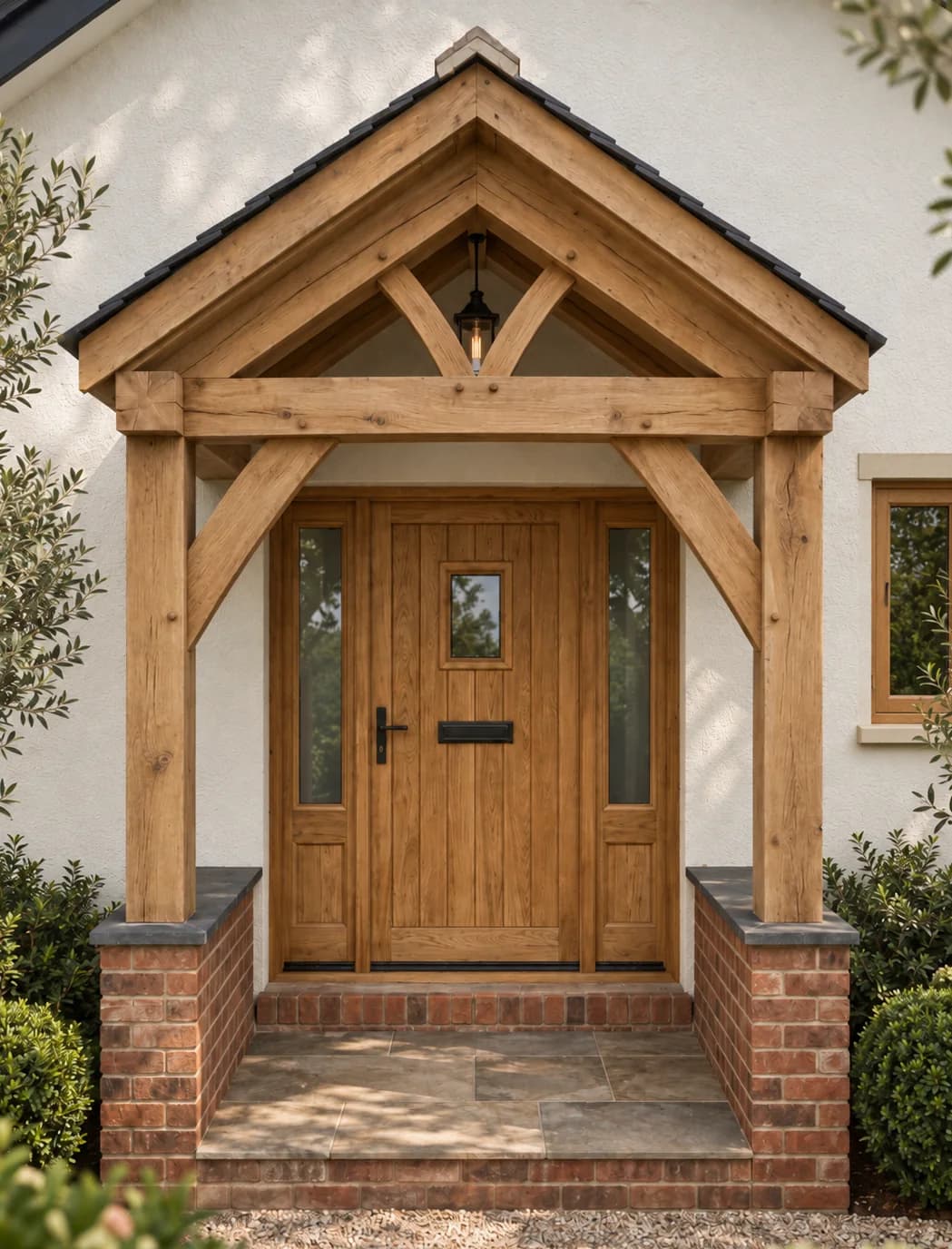 Oak framed porch over a boarded oak entrance door with glazed side lights, an oak casement window beside it in a rendered elevation