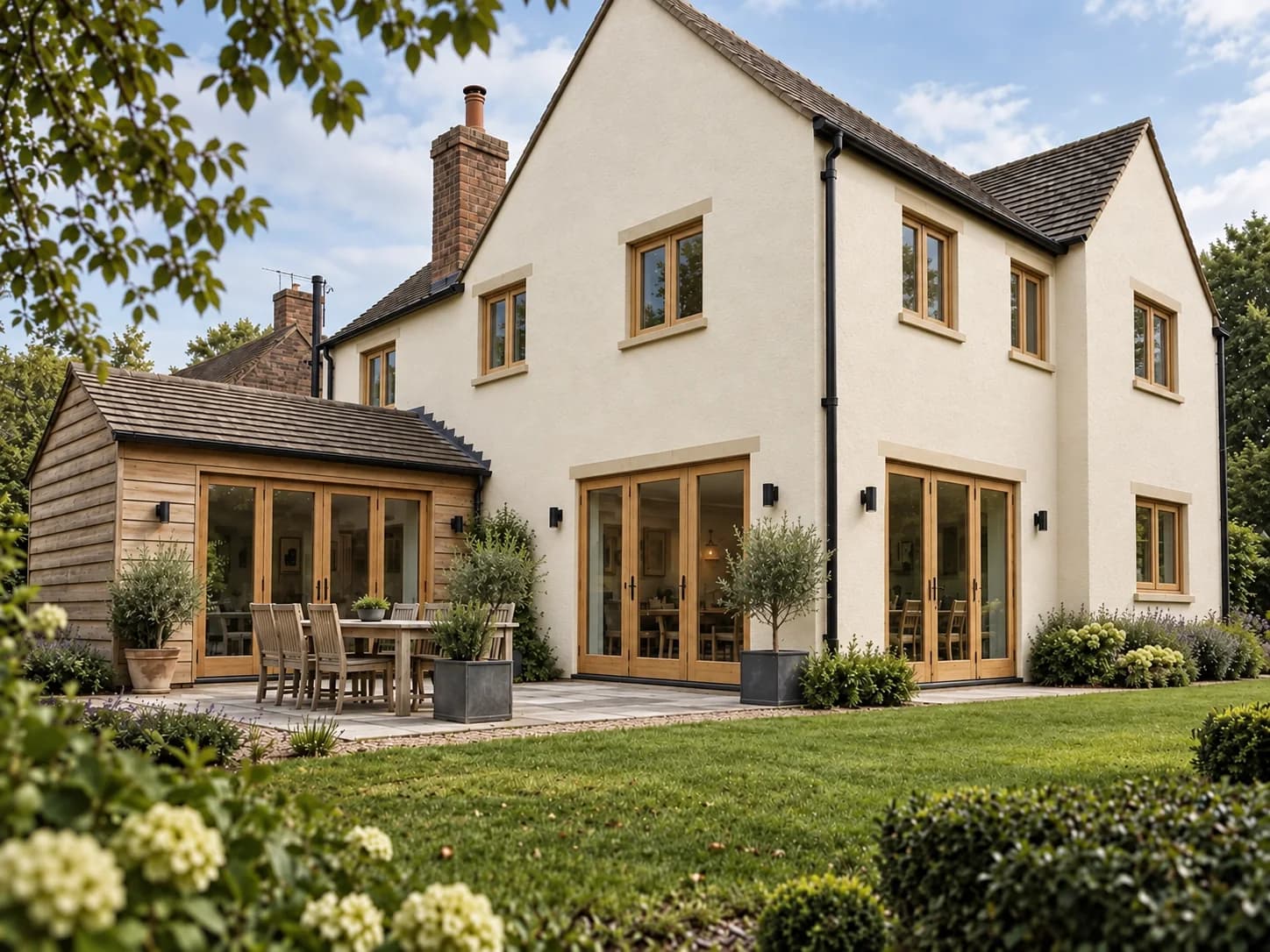 Garden elevation of the farmhouse, three runs of oak bifold doors opening onto a paved terrace beneath oak casement windows, the clad extension at the left