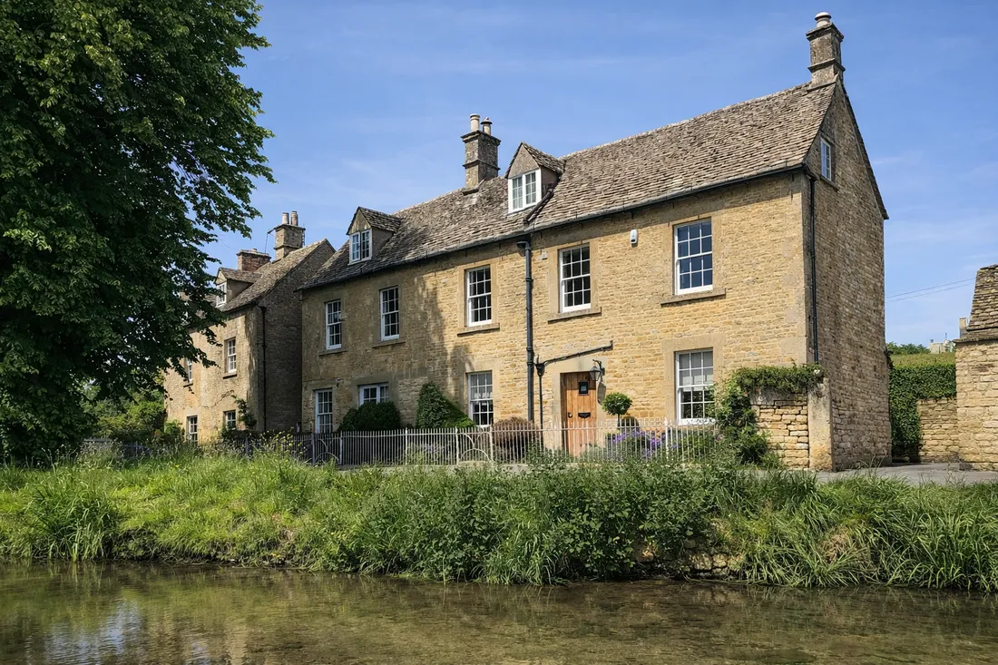 A honey-coloured Cotswold stone house beside a river, with traditional timber joinery
