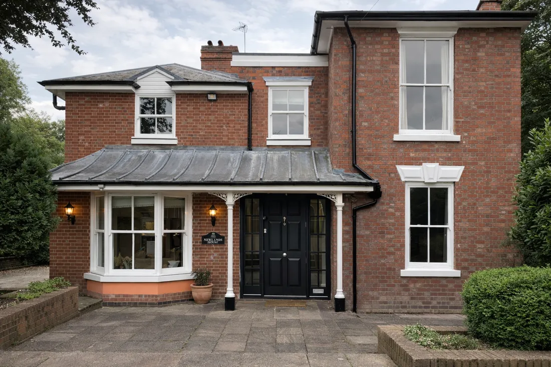 A period stone property in soft daylight, its original timber windows and door surrounds intact