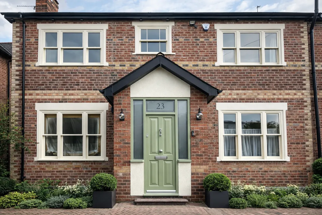 A red-brick period house with painted timber sash windows, a gabled porch canopy and a panelled front door with glazed sidelights