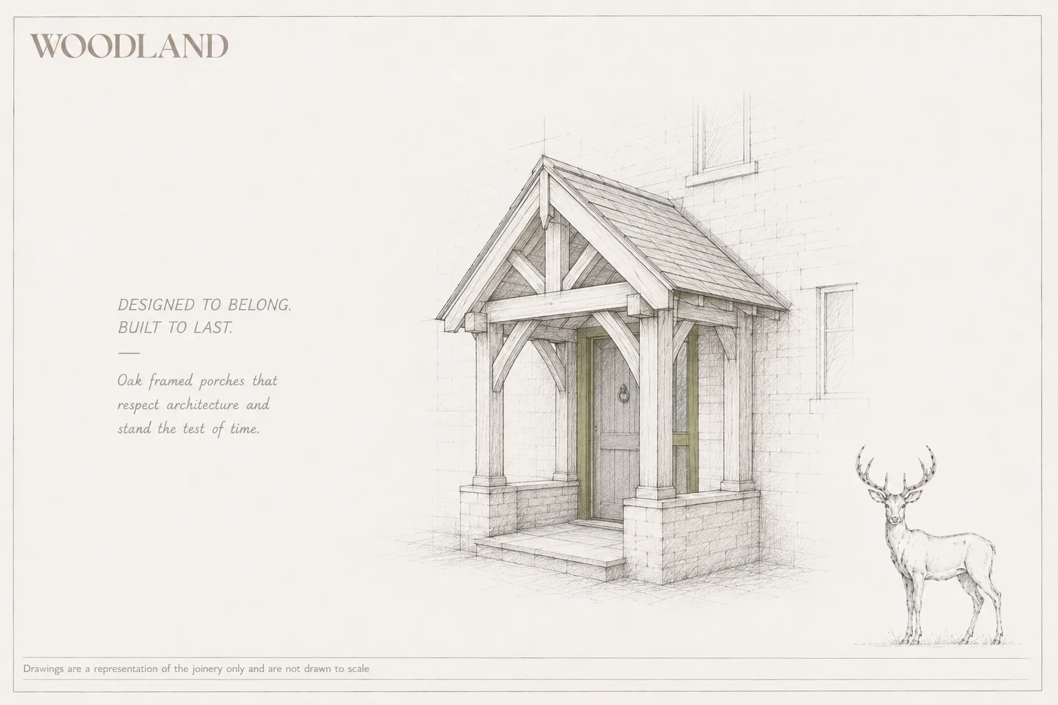 Architectural pencil drawing of an oak-framed gabled porch with braced trusses on stone piers, against a stone elevation