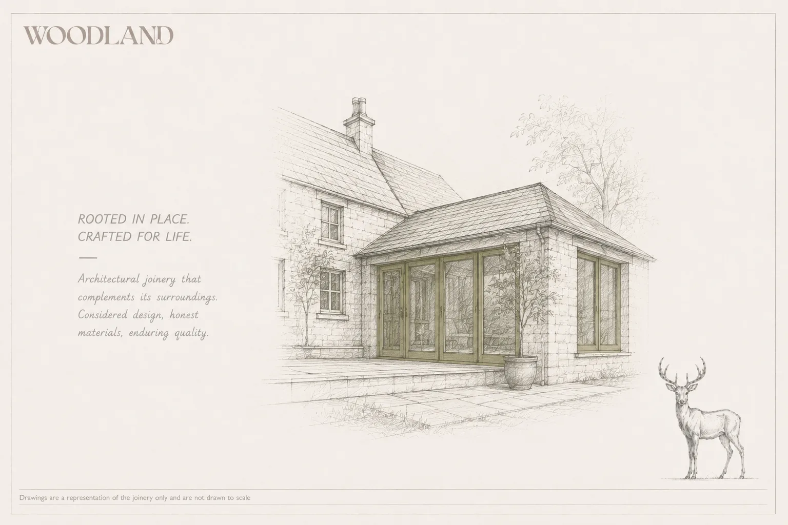 Architectural pencil drawing of a glazed garden room addition in Cotswold stone beside a stone cottage with mullioned windows