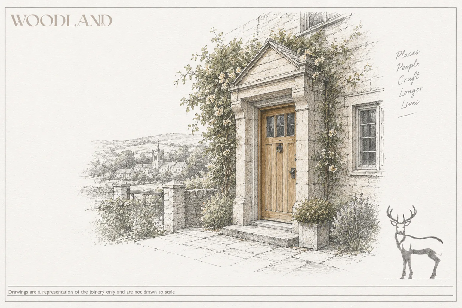 Architectural pencil drawing of a boarded oak door in a pedimented stone surround, with a Cotswold village and church tower in the valley beyond