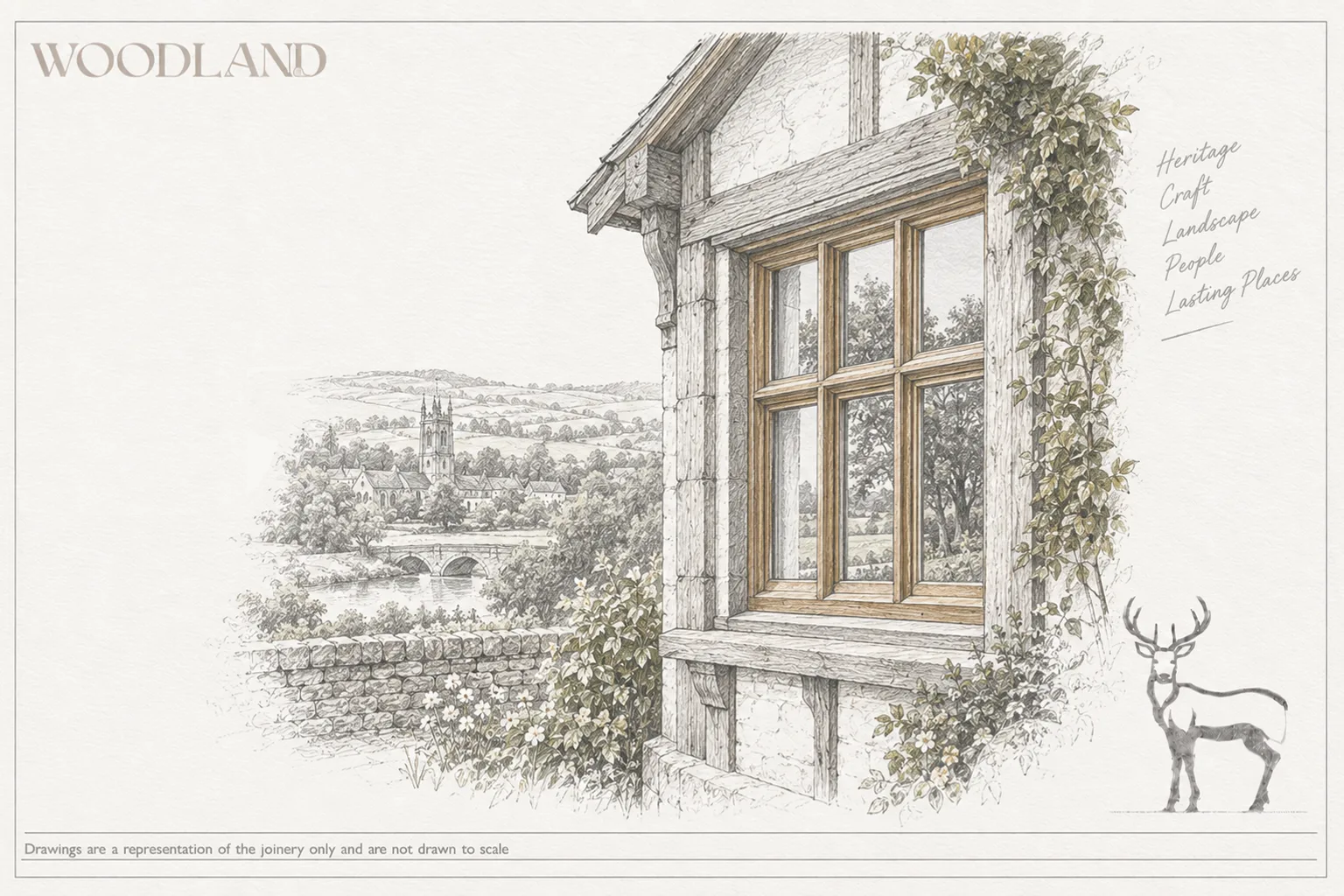 Architectural pencil drawing of an oak-mullioned window with leaded lights in a timber-framed elevation, with a church and river valley beyond