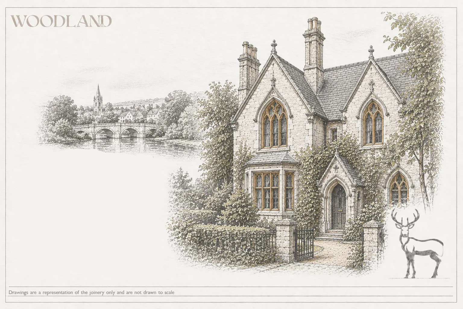 Architectural pencil drawing of a North Oxford Gothic Revival villa in limestone with cusped pointed windows, and a Thames bridge and spire in the valley beyond
