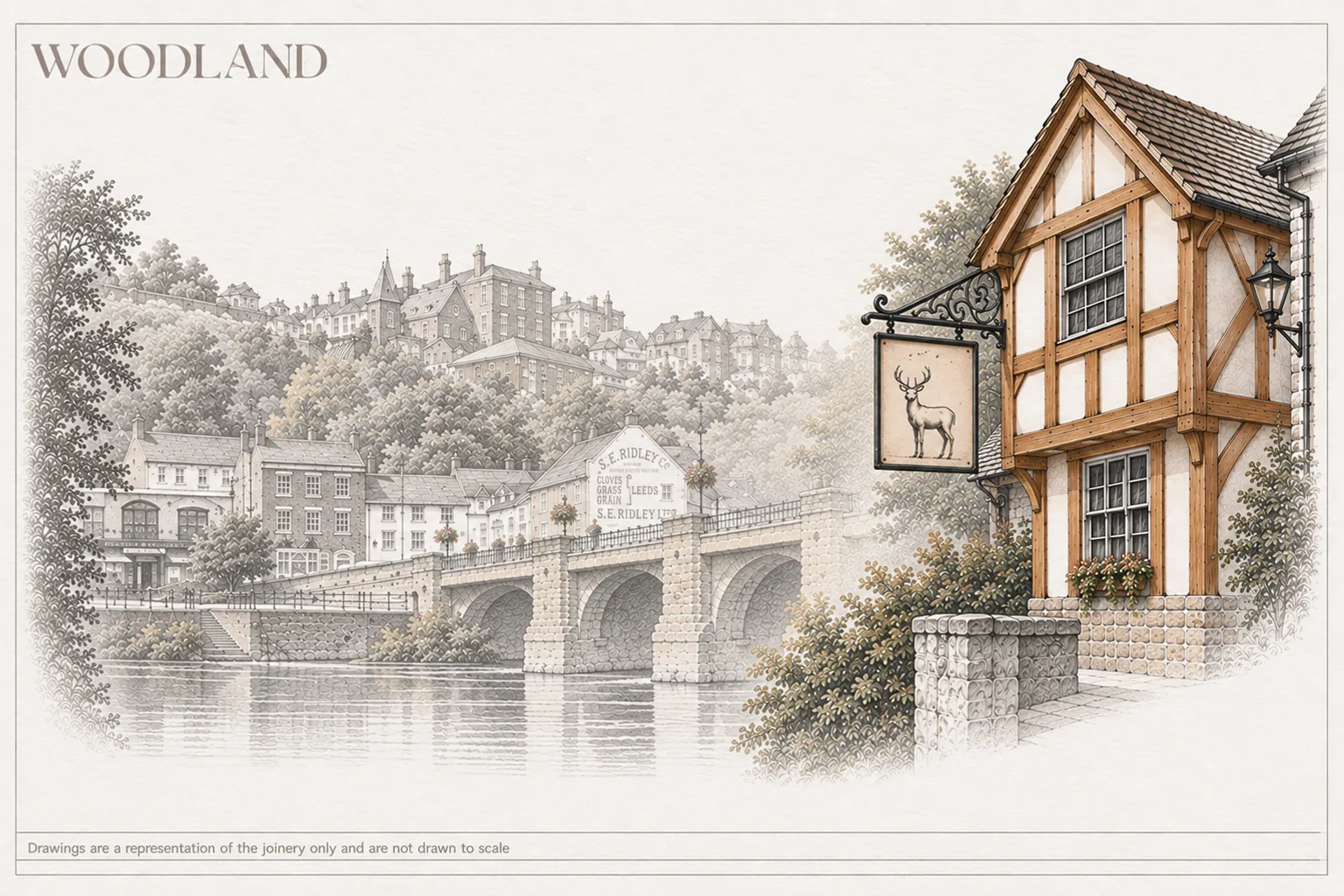 Architectural pencil drawing of a jettied timber-framed building above the Severn at Bridgnorth, with the bridge and High Town rising on the cliff beyond