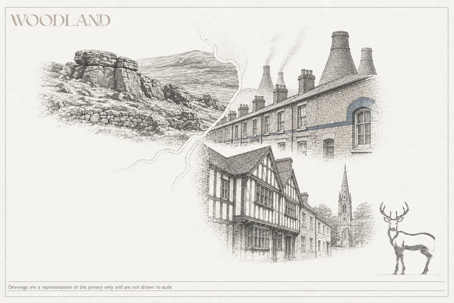 Architectural pencil drawing showing three Staffordshire building traditions at once: a gritstone moorland edge, a brick terrace with blue-brick banding beneath bottle kilns, and a timber-framed town house on a Georgian street