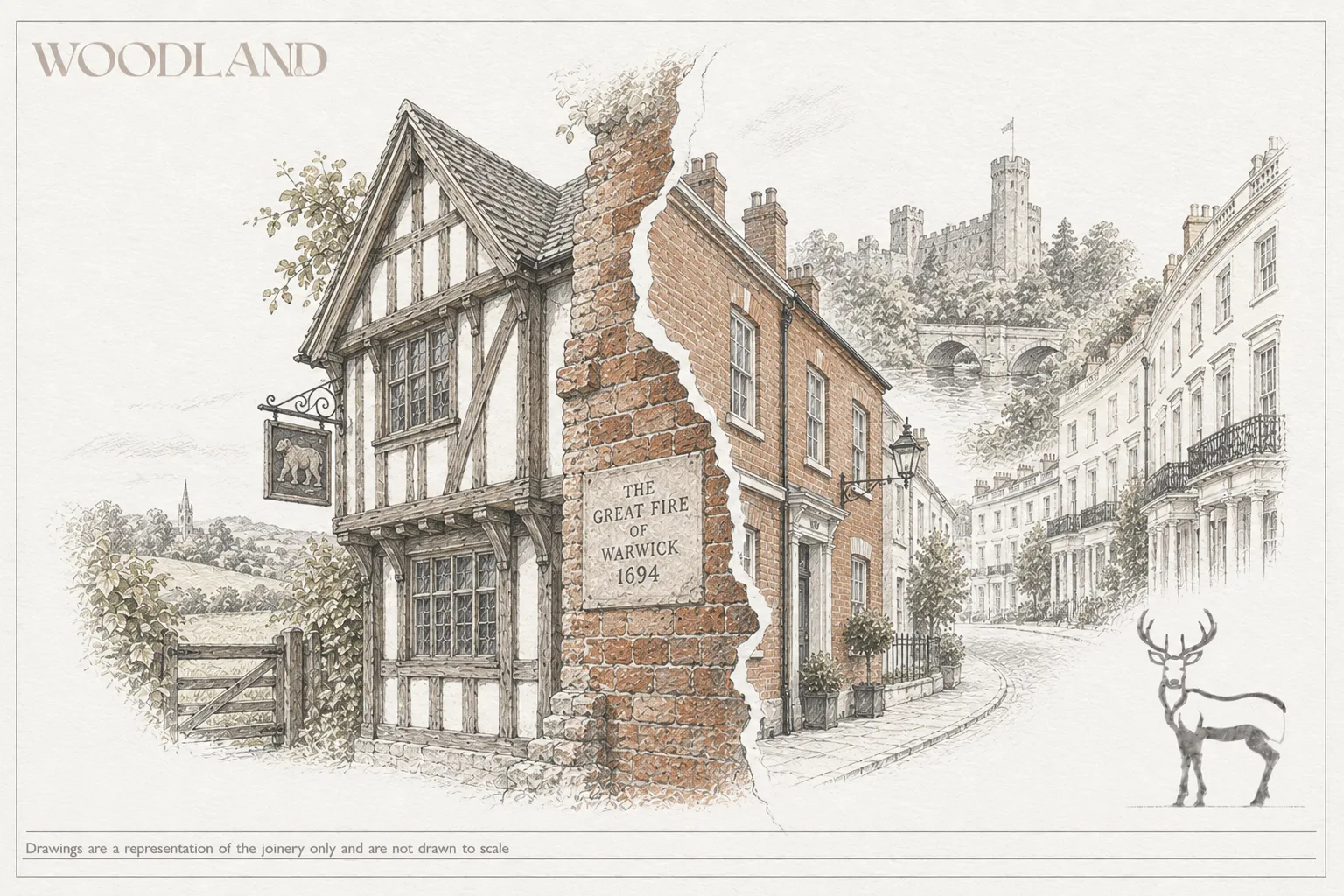 Architectural pencil drawing torn down the middle, close-studded timber framing on one side and post-fire Georgian brick on the other, with a stone marked Great Fire of Warwick 1694 on the tear, the castle behind and a Regency terrace beyond
