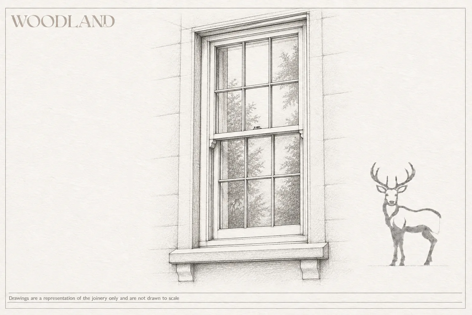 Architectural pencil drawing of a six-over-six sliding sash window in an ashlar stone opening, with slim glazing bars, a sash fastener on the meeting rail and a moulded stone cill carried on shaped brackets