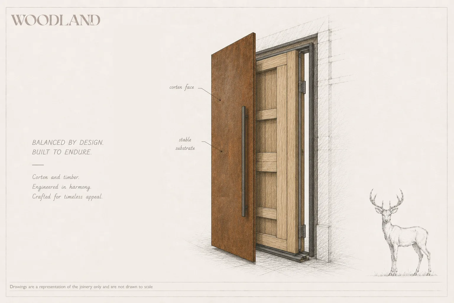 Architectural pencil drawing of a corten-faced door set opened to show the timber substrate behind it, with the corten face and stable substrate annotated