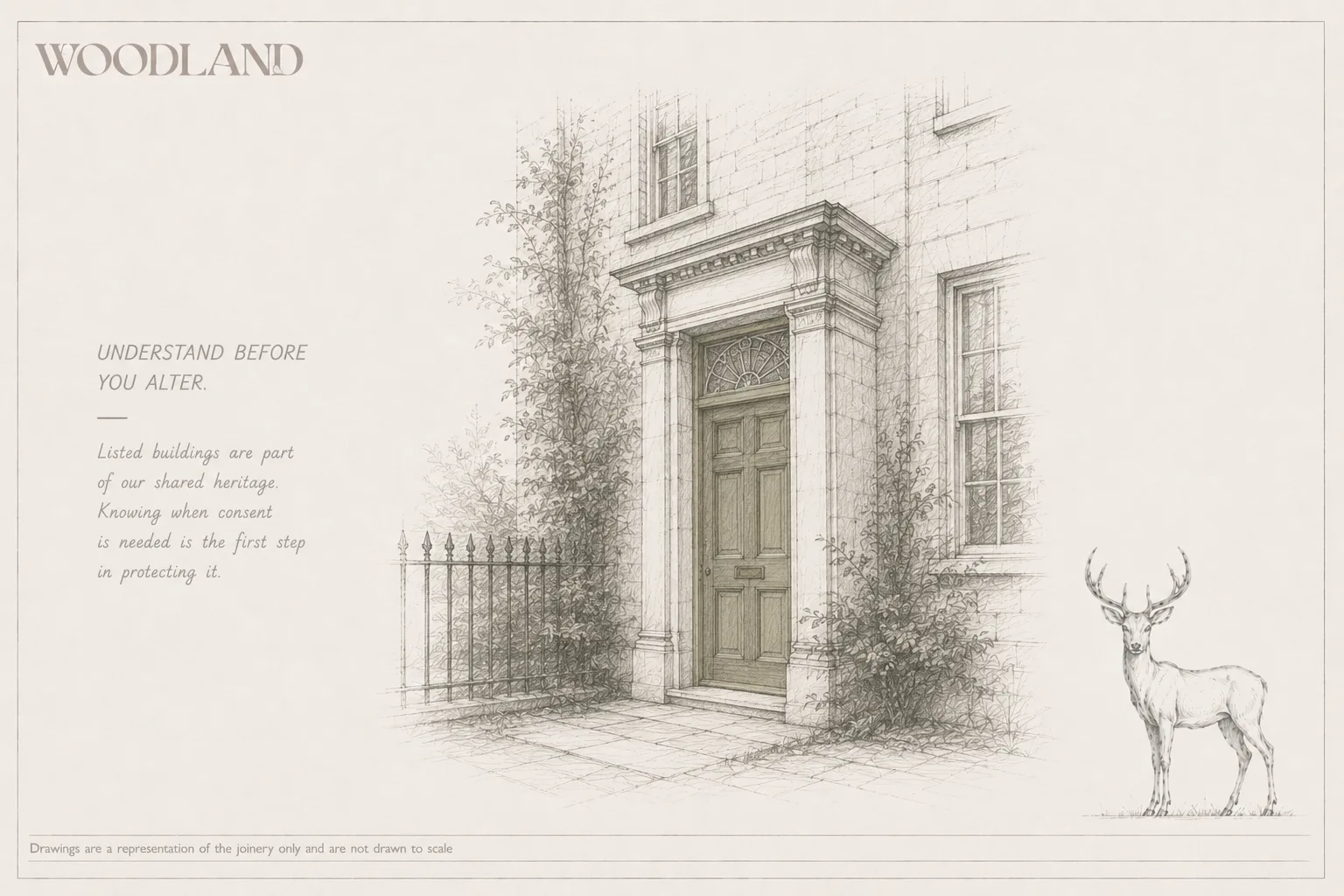 Architectural pencil drawing of a panelled front door under a moulded stone doorcase with a fanlight, on a period ashlar elevation