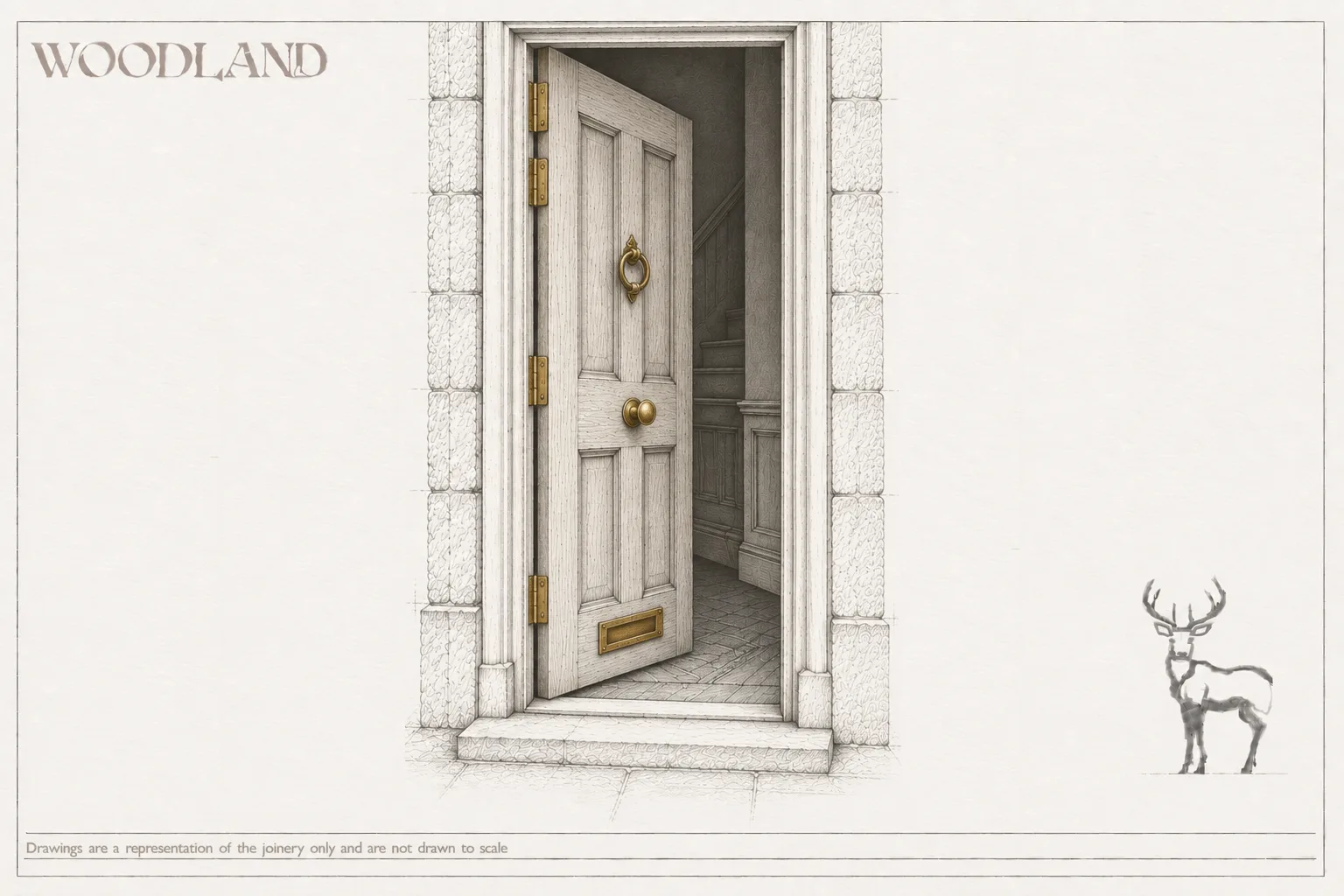 Architectural pencil drawing of a six-panel timber door standing open in a stone surround, three brass butt hinges visible along its edge, with a ring knocker, centre knob and letterplate, and a panelled hallway and staircase beyond