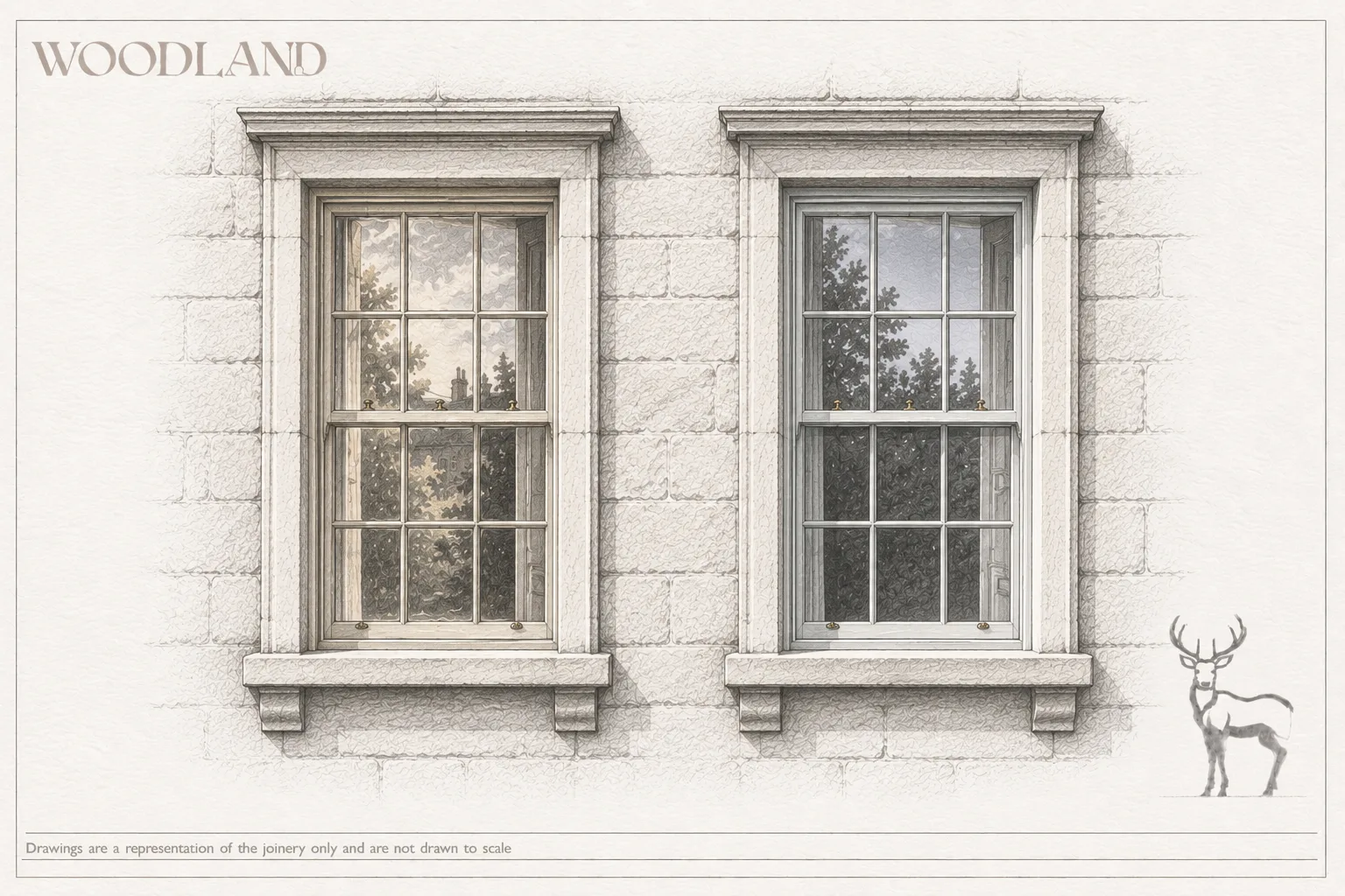 Architectural pencil drawing of two timber sash windows side by side in ashlar stone surrounds, one with the softer glazing bars and older glass of the original and one crisper and newly painted, foliage reflected in both
