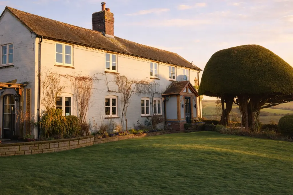 A white-painted period farmhouse in low evening light, with timber casement windows, an oak porch and a sculpted yew