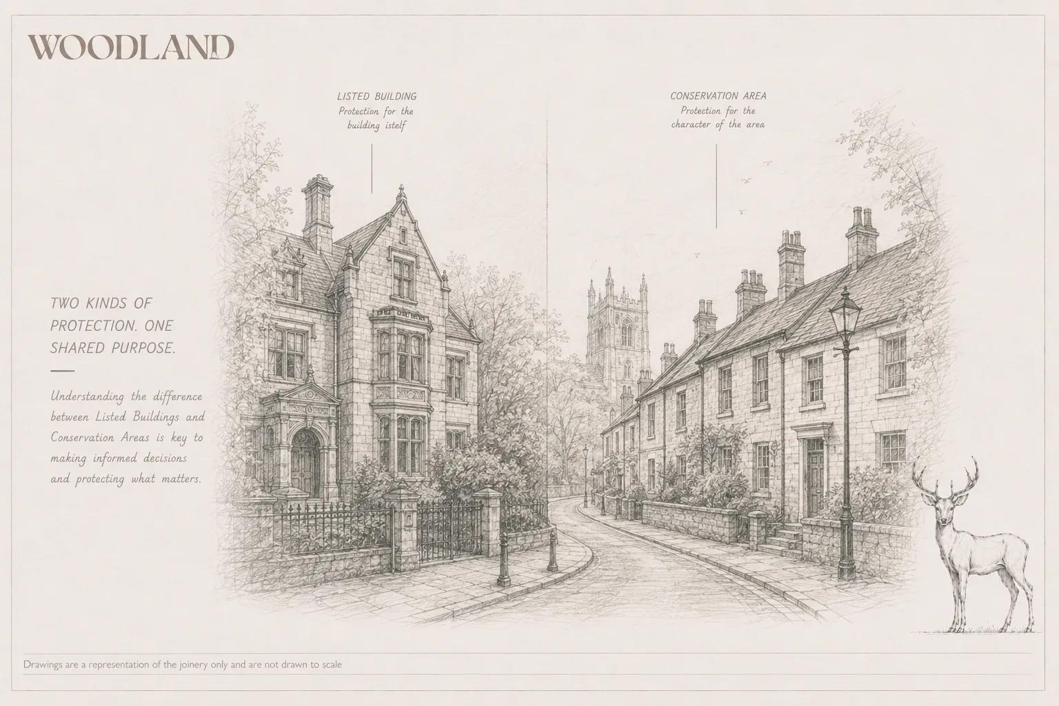 Architectural pencil drawing contrasting a single listed villa with a terrace in a conservation area along the same street, each labelled