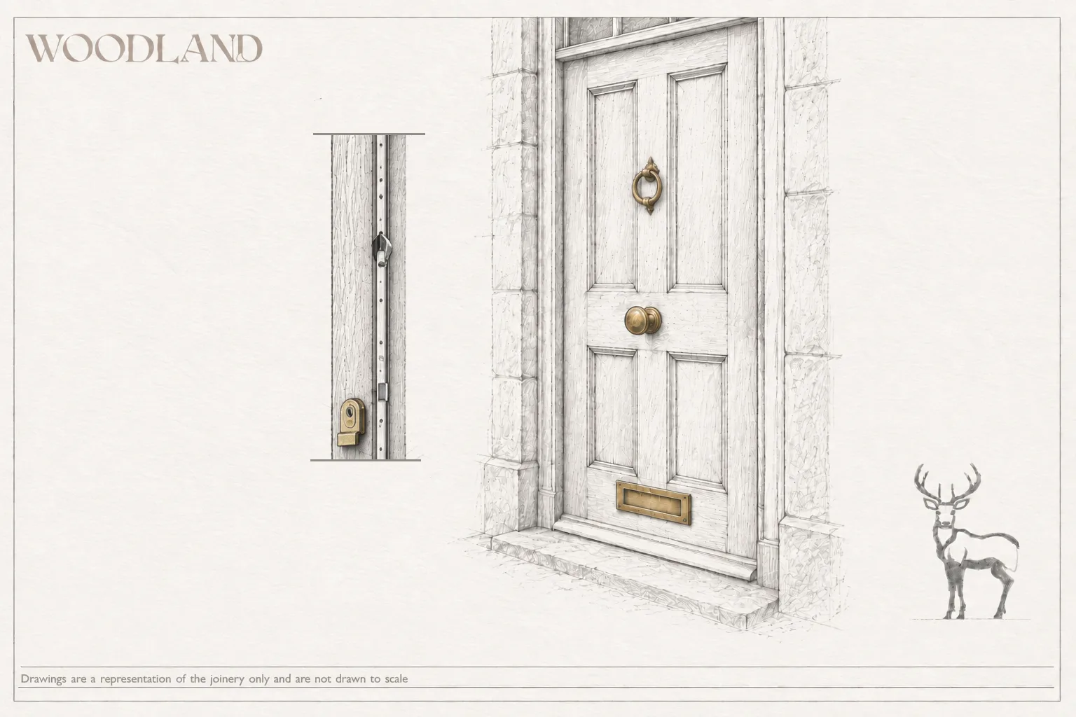 Architectural pencil drawing of a panelled front door carrying a brass ring knocker, centre knob and letterplate, with a separate detail alongside showing a rim lock and long bolt on the door edge