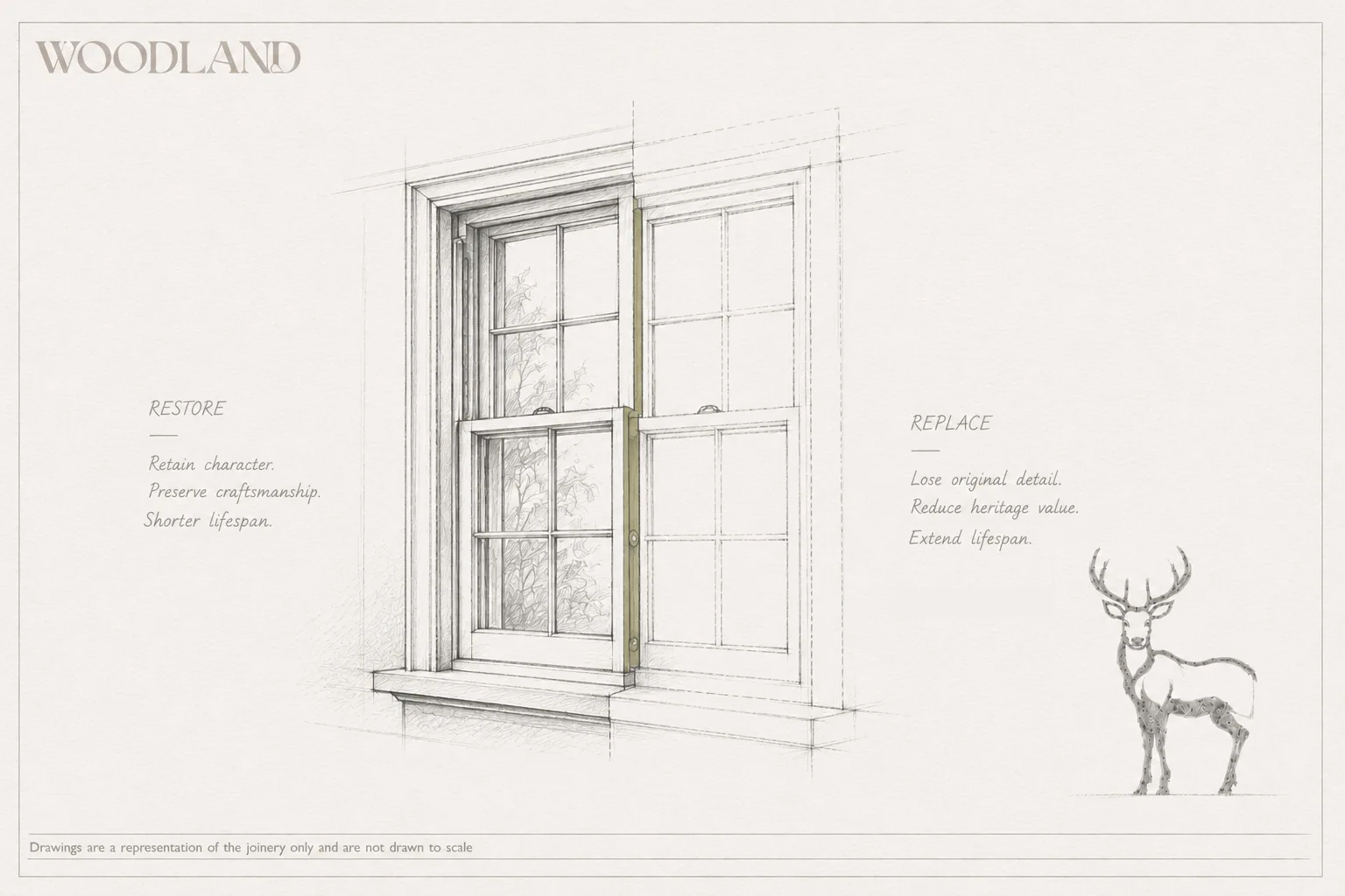Architectural pencil drawing comparing a restored sliding sash with fine glazing bars against a plainer replacement in the same opening