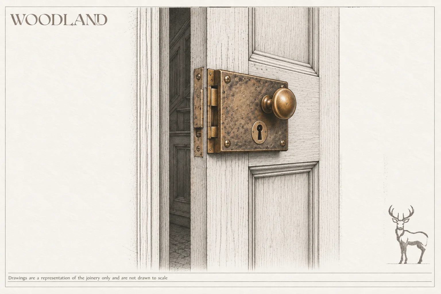 Architectural pencil drawing of a brass rim lock with a turned knob and keyhole mounted on the face of a panelled door, the door standing ajar on a panelled interior
