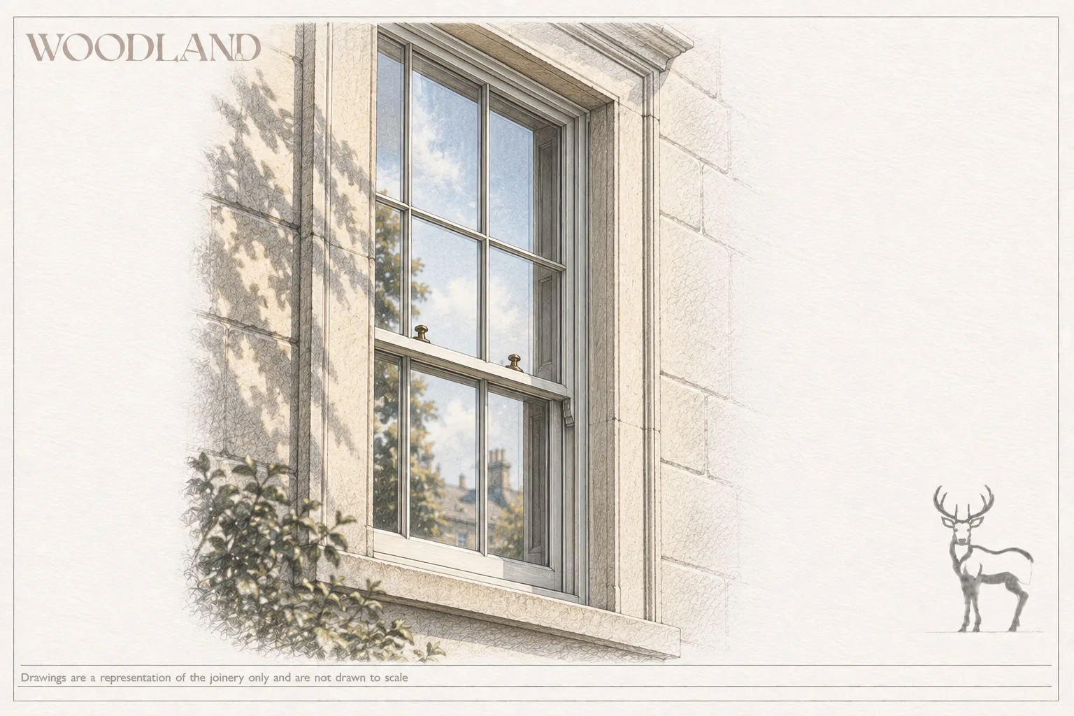 Architectural pencil drawing of a timber sash window in an ashlar stone wall seen at an angle, brass sash fasteners on the meeting rail, with sky, a tree and a chimneyed roofline reflected in the glass