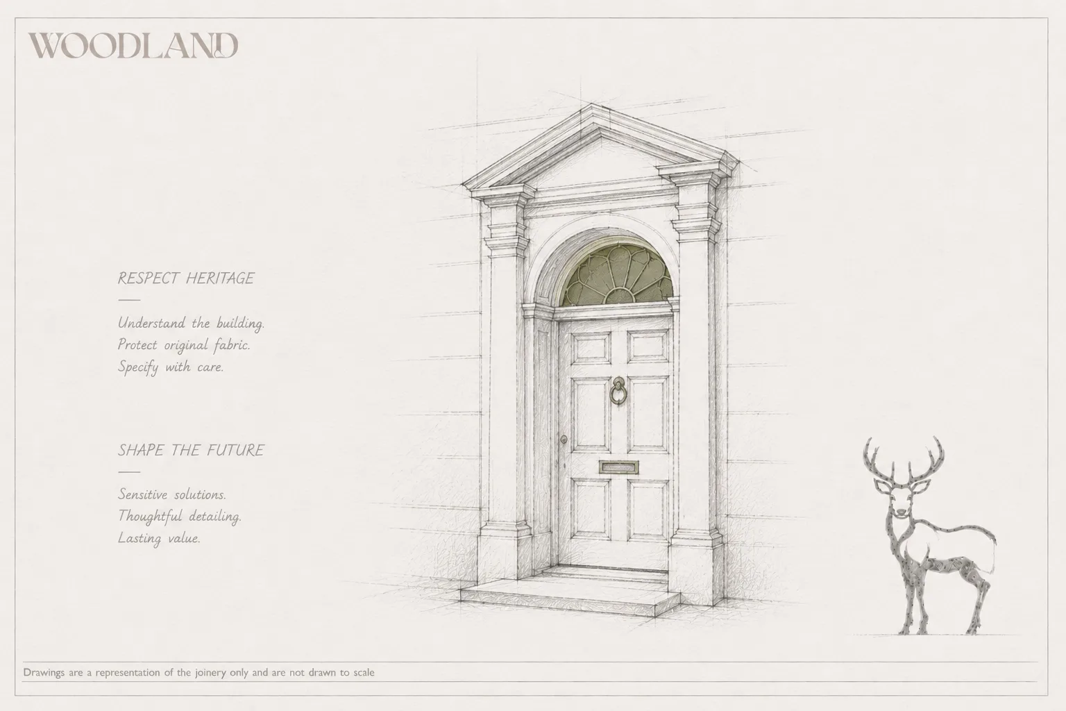 Architectural pencil drawing of a Georgian six-panel front door beneath a pedimented stone doorcase with a fanlight over