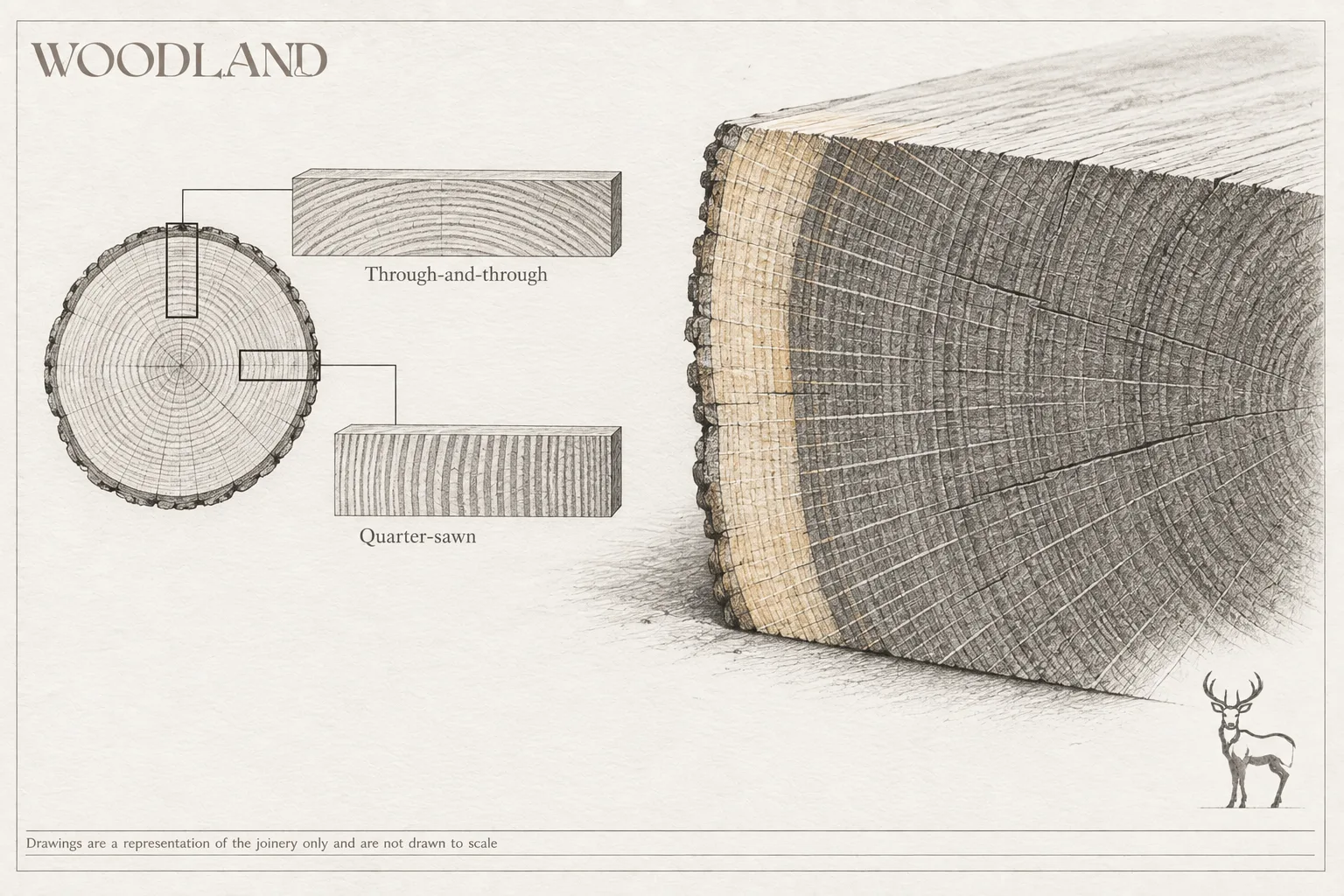 Architectural pencil drawing of an oak log in cross-section showing its growth rings, sapwood and bark, with two board diagrams alongside labelled Through-and-through and Quarter-sawn