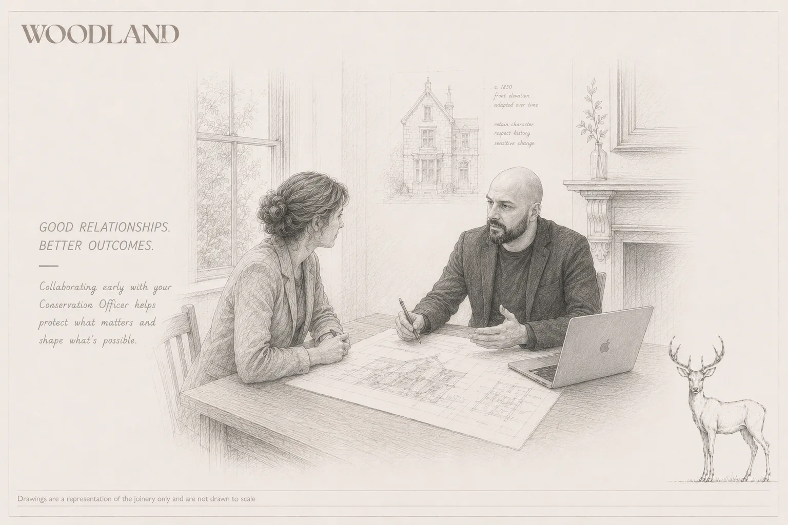 Architectural pencil drawing of two people at a table reviewing a drawn elevation together, with an annotated front elevation on the wall behind them