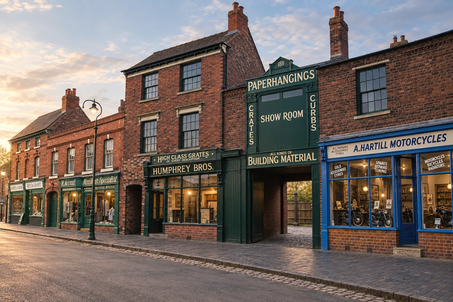 Rebuilt 1930s high street at the Black Country Living Museum — the Humphrey Bros and A. Hartill Motorcycles shopfronts from Oldbury, with Hobbs & Sons beyond