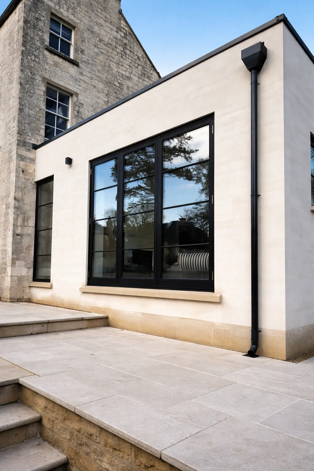 Slim black steel-look timber casement window set into natural Cotswold stone on a contemporary extension