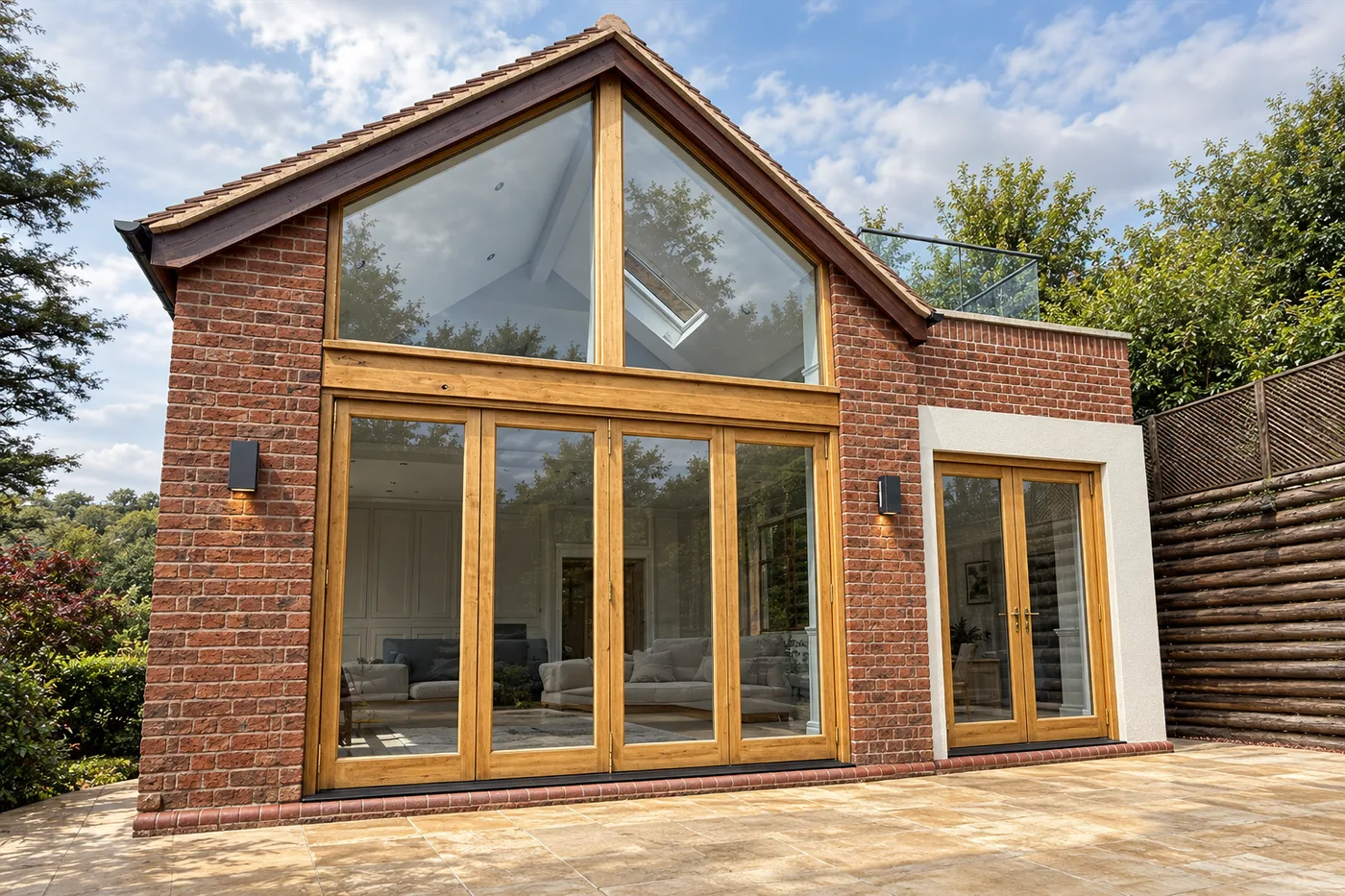 Oak glazed gable on a brick extension at Ironbridge, glazed to the apex above a run of oak bifold doors opening onto a terrace