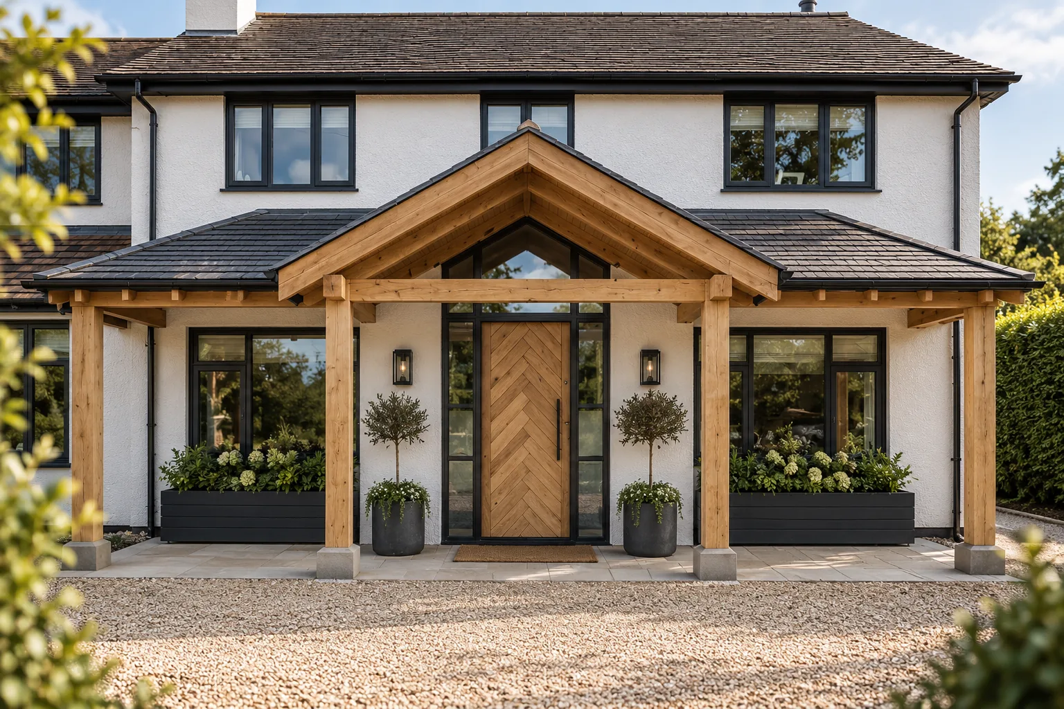 Green oak porch running the width of a white rendered house at Hagley, a gabled bay over a herringbone oak front door, the frontage paved and planted
