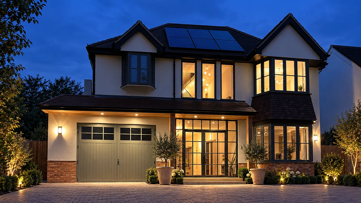 Renovated house in Harborne at dusk, a wide steel-look glazed screen lit from within beside a pair of painted timber garage doors